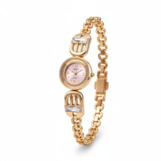 Luxury Rose Gold Bracelet Watch for Women featuring a Crystal-Studded Pink Dial with Quartz Movement, Decorative Horseshoe Links, and Premium Rhinestone Accents, Perfect for Elegan