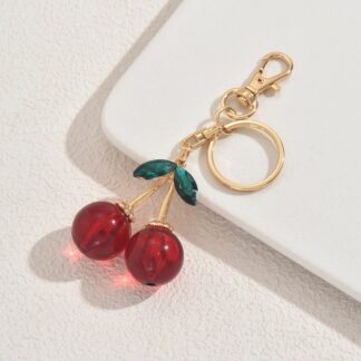 Sweet Cherry Keychain With Green Rhinestone Leaves Gold Color Keychain For Gift - giving Occasions
