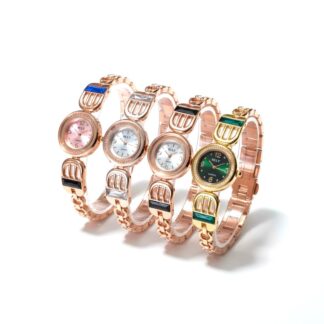 Elegant Rose Gold and Gold Bracelet Watches for Women with Vibrant Gemstone Accents Including Emerald Green, Royal Blue, and Crystal White Dials Perfect for Party Wear and Special 