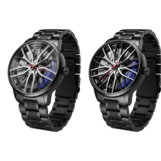Stylish Sports Car Inspired Rim Watch for Men with Rotating Wheel Concept, Luxury Black Stainless Steel Finish, Shockproof Construction, and High-End Caliper Detail perfect for Bir