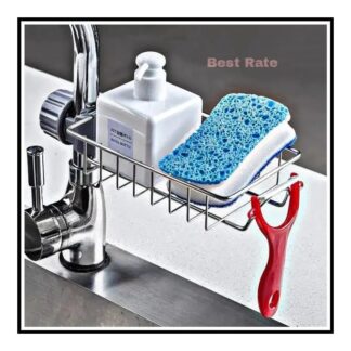 Stainless Steel Faucet Sponge Holder – Kitchen Sink Caddy for Dish Soap & Sponge Storage