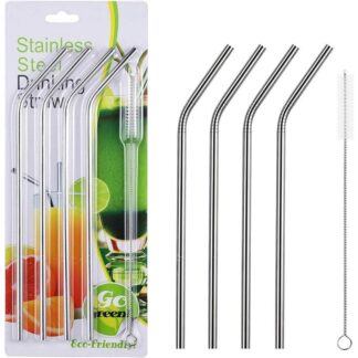 Reusable Stainless Steel 4 pieces Bent Straw with cleaning Brush