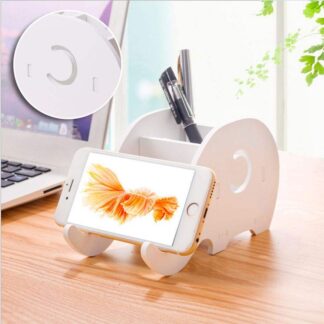 New Elephant Wood Pencil Pen Holder Phone Stand Office Desk Bracket Storage Rack Stationery Organizer (White)