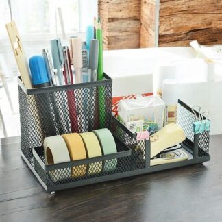 "Creative Metal Desk Organizer - Black 3-Grid Storage Rack, Multifunctional & Fireproof Pen Holder, High-Temperature Resistant, Coated Finish, 20.4 x 10.4 x 9.7 cm, Ideal for Offic