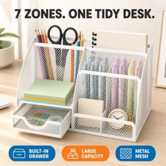 7 Compartment Metal Mesh Pen Holder Desk Organizer with Drawer Large Capacity Office Stationery Storage for Students Teachers