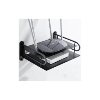 2-Layer Wall Mount WiFi Router Stand – Metal Shelf for TV Box & Remotes, Black