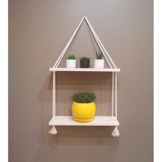 Brown 2 Tier Rope Hanging Shelf | Double Layer Floating Wall Shelf | Decorative Storage Rack for Bedroom, Kitchen & Living Room