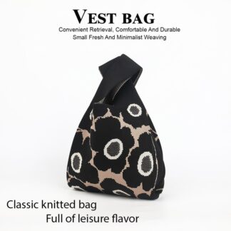 Vintage Fashion High-End Floral Poached Egg Flower Knit Tote Bag, Casual Open-Top Breathable Durable Knit Foldable Handbag, Suitable for Carrying Mobile Phones, Keys, Glasses, Wate