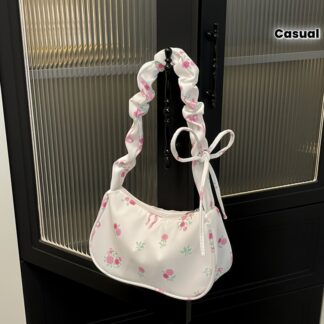 Women's Shoulder Bag, Pink Floral Print, Bow Decoration, Adjustable Shoulder Strap, Zipper Closure, Lightweight Material, Smooth Texture, Multi-Purpose for Shoulder, Crossbody, and