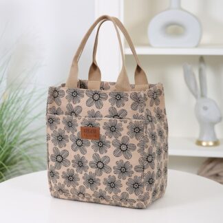 Thickened Corduroy Fashion Simple Work Handbag, Lunch Box Storage Bag, Daily Utility Bag, Carrying Bag, Flower Pattern